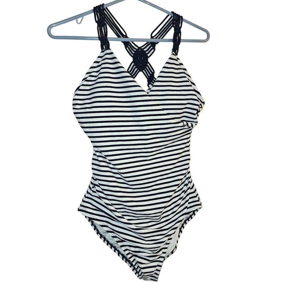 Konal Sol Women's Shirred Macrame Strap One Piece Swimsuit Size M White/Blu Good - Picture 4 of 9